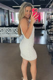 White Tight Spaghetti Straps Mini Homecoming Dress with Pearls