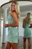 Sparkly Light Green Floral Corset Beaded Tight Short Homecoming Dress