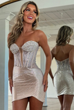 Sparkly Silver Tight Corset Mini Homecoming Dress with Beading
