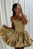 Yellow Floral Jacquard A Line  Ruffled Corset Mini Homecoming Dress
