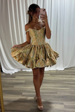 Yellow Floral Jacquard A Line  Ruffled Corset Mini Homecoming Dress