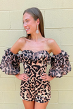 Brown Cheetah Print Detachable Train Bodycon Short Homecoming Jumpsuits