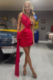 Sparkly Red Cut Out One Shoulder Beaded Short Tight Homecoming Dress with Side Cape