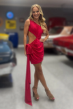 Sparkly Red Cut Out One Shoulder Beaded Short Tight Homecoming Dress with Side Cape