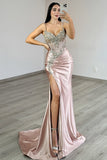 Grey Pink Spaghetti Straps Mermaid Long Prom Dress with Beading
