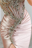 Grey Pink Spaghetti Straps Mermaid Long Prom Dress with Beading
