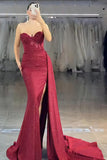 Sparkly Burgundy Strapless Mermaid Long Prom Dress with Slit