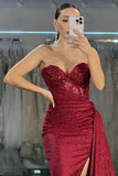 Sparkly Burgundy Strapless Mermaid Long Prom Dress with Slit