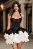 Halter A-Line Ruffled Black and White Homecoming Dress