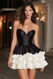 Black and White A-Line Tiered Ruffle Strapless Homecoming Dress