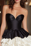 Black and White A-Line Tiered Ruffle Strapless Homecoming Dress