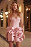 Strapless Pink Mini Homecoming Dress with Ruffles