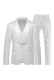 Men's White Jacquard Shawl Lapel Single Breasted 3 Pieces Prom Suits