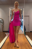 Fuchsia Sweetheart Ruched Short Satin Homecoming Dress with Side Cape