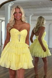 Yellow A Line Sweetheart Tiered Mini Homecoming Dress with Bow
