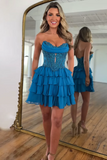 Sparkly Blue  A Line Ruffled Corset Short Homecoming Dress with Appliques