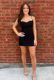 Black Spaghetti Straps Ruched Bodycon Corset Short Homecoming Dress