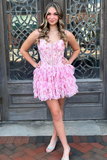 Pink Floral Spaghetti Straps A Line Ruffled Corset Homecoming Dress