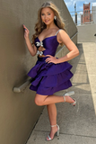 Purple Spaghetti Straps A-Line Ruffled Short Homecoming Dress with Bows