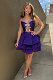 Purple Spaghetti Straps A-Line Ruffled Short Homecoming Dress with Bows