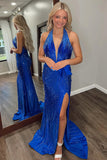 Sparkly Royal Blue Halter Sheath Long Prom Dress with Slit