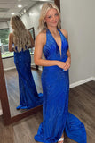Sparkly Royal Blue Halter Sheath Long Prom Dress with Slit