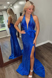 Sparkly Royal Blue Halter Sheath Long Prom Dress with Slit