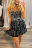 Sparkly Black A-Line Strapless Ruffled Homecoming Dress with Beading