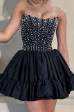 A-Line Strapless Black Ruffled Homecoming Dress With Pearls