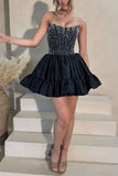 A-Line Strapless Black Ruffled Homecoming Dress With Pearls