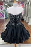 A-Line Strapless Black Ruffled Homecoming Dress With Pearls