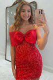Red Jacquard Bodycon Corset Strapless Bowed Homecoming Dress