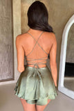 Sage Green A-Line Ruffled Homecoming Dress with Lace Up Back