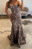 Coffee Leopard Mermaid Corset Long Prom Dress