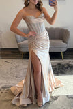 Sparkly Blush Beaded Corset Mermaid Long Prom Dress with Slit