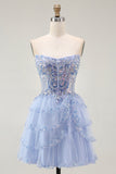 Strapless Corset Lavender Appliqued Homecoming Dress With Ruffles