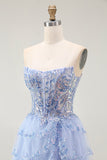 Strapless Corset Lavender Appliqued Homecoming Dress With Ruffles