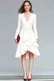 Ivory V-Neck A-Line Long Sleeve Ruffle Work Dress With Belt