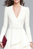 Ivory V-Neck A-Line Long Sleeve Ruffle Work Dress With Belt