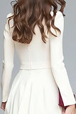 Ivory V-Neck A-Line Long Sleeve Ruffle Work Dress With Belt
