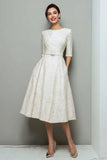 Ivory Appliqued A-Line Midi Dress With Belt