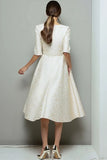 Ivory Appliqued A-Line Midi Dress With Belt