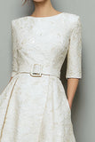 Ivory Appliqued A-Line Midi Dress With Belt