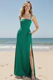 Green Spaghetti Straps Sheath Formal Dress With Slit