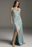 Mint Green Halter Sheath Maxi Dress With Slit