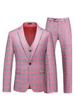 Men's Pink Plaid Notched Lapel 3 Piece Homecoming Suits
