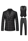 Black Peak Lapel 3 Piece Slim Fit Plaid Men's Homecoming Suits