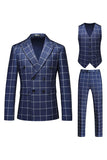 Black Peak Lapel 3 Piece Slim Fit Plaid Men's Homecoming Suits