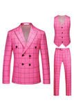Black Peak Lapel 3 Piece Slim Fit Plaid Men's Homecoming Suits