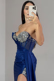 Navy Strapless Mermaid Corset Beaded Long Prom Dress with Slit